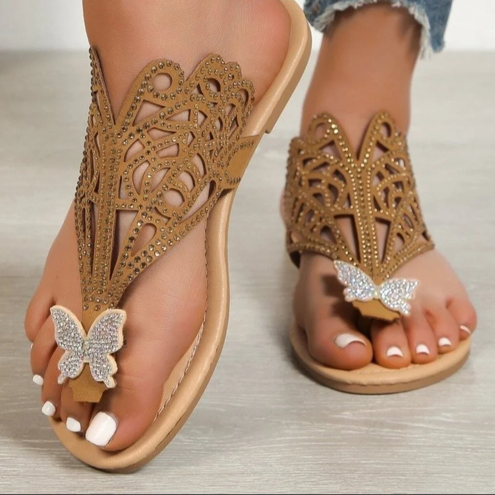 Butterfly Rhinestone Sandals Flat Sparkling Slide Bling Filigree Slip-on Shoes